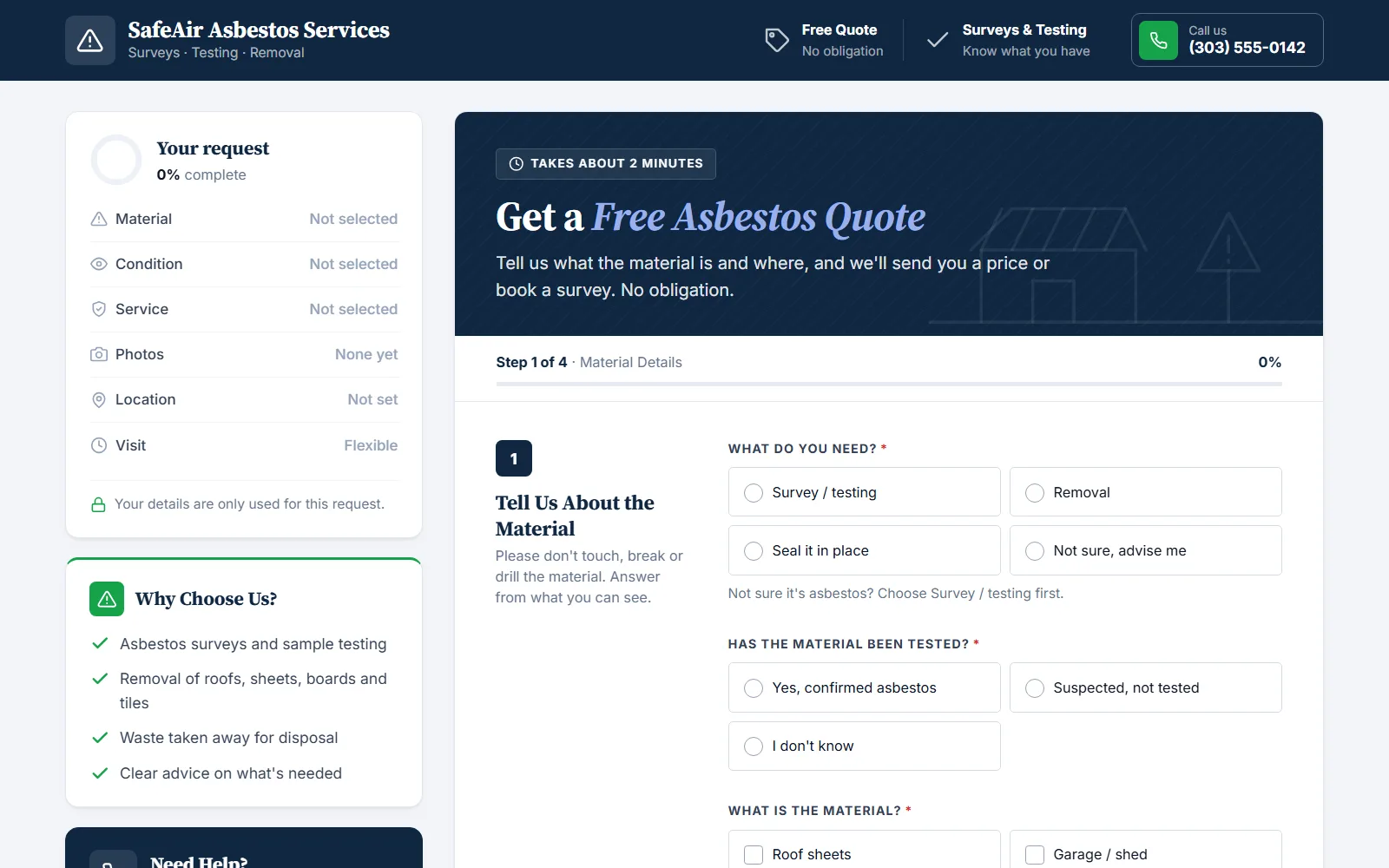 The asbestos removal quote form made with Quotelatic