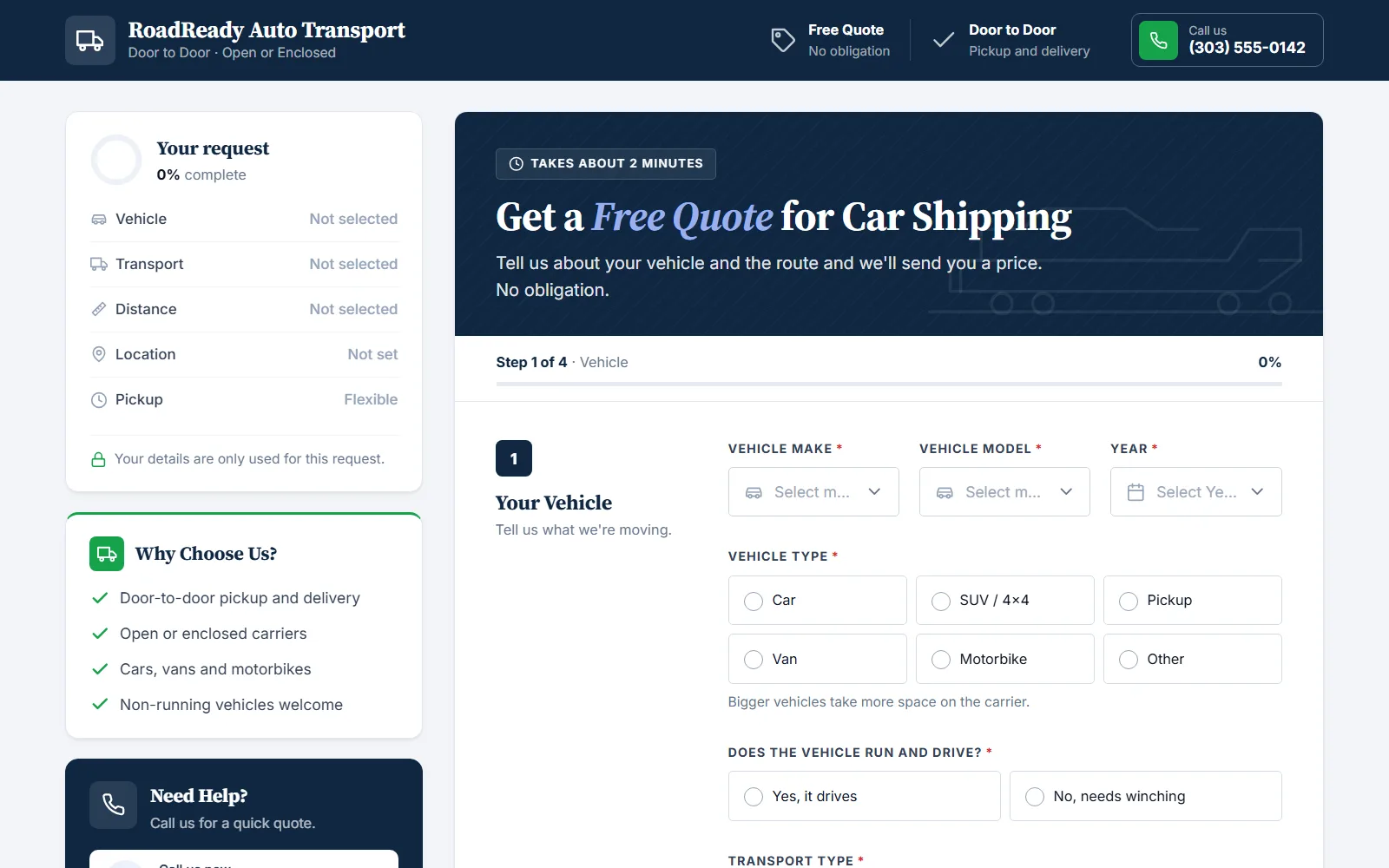 The car shipping quote form made with Quotelatic