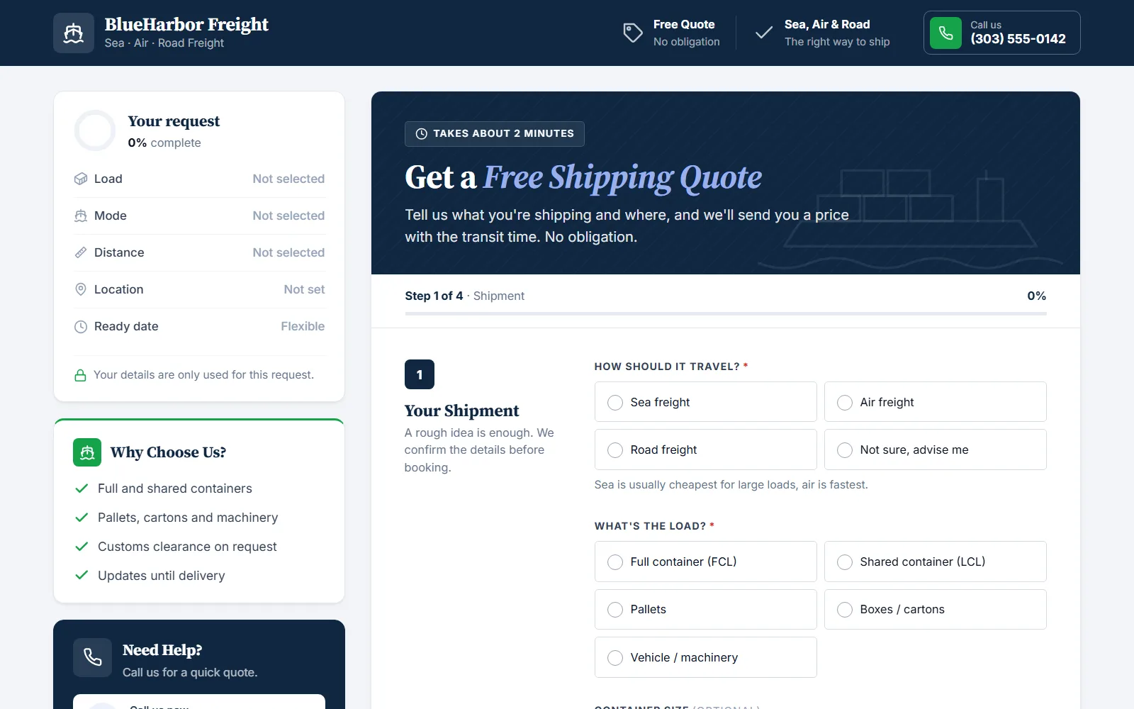 The cargo shipping quote form made with Quotelatic