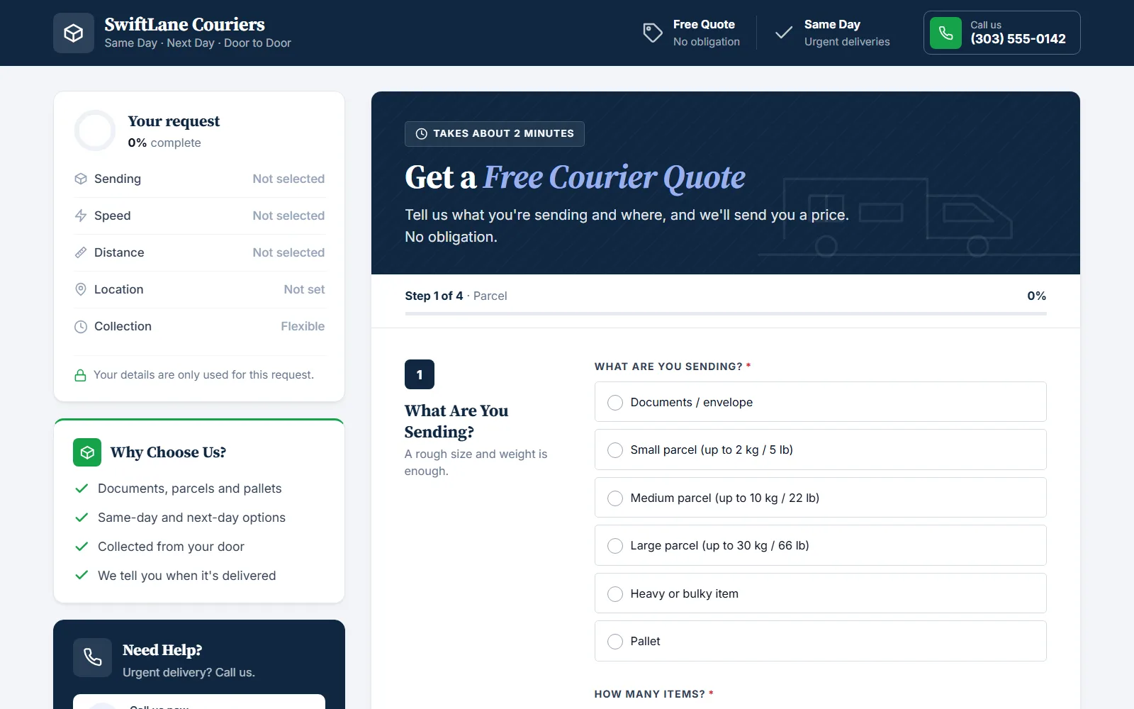 The courier quote form made with Quotelatic