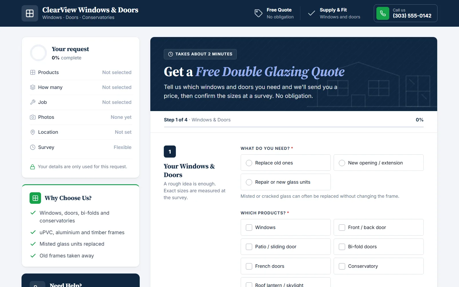 The double glazing quote form made with Quotelatic