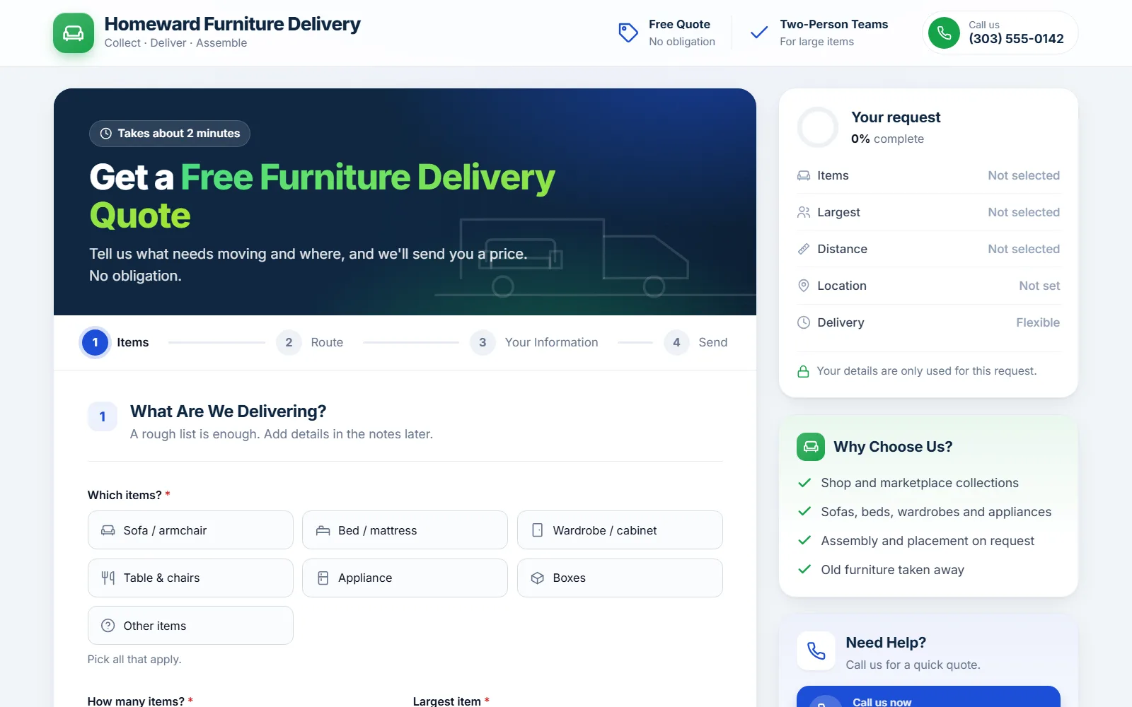 The furniture delivery quote form made with Quotelatic