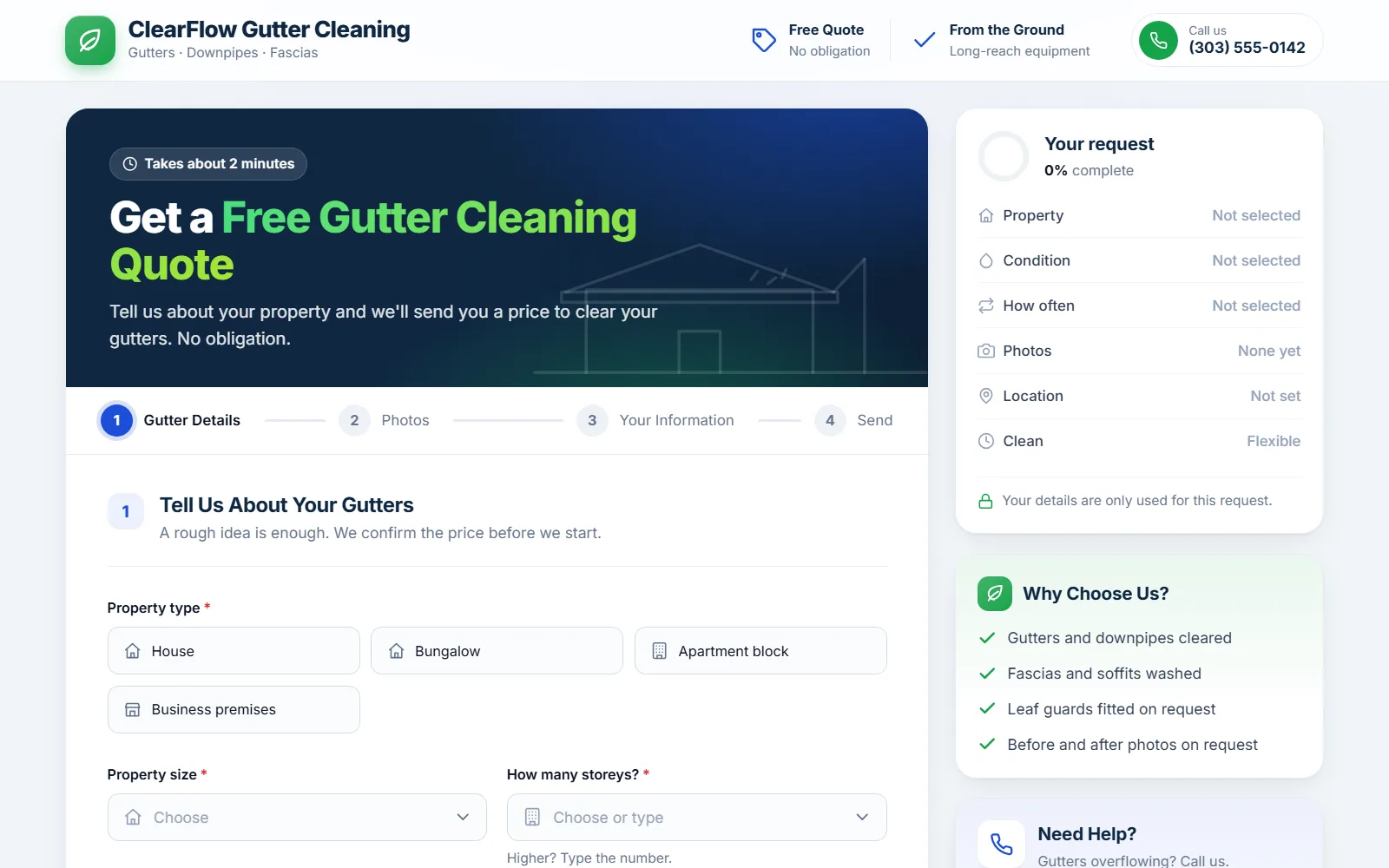 The gutter cleaning quote form made with Quotelatic