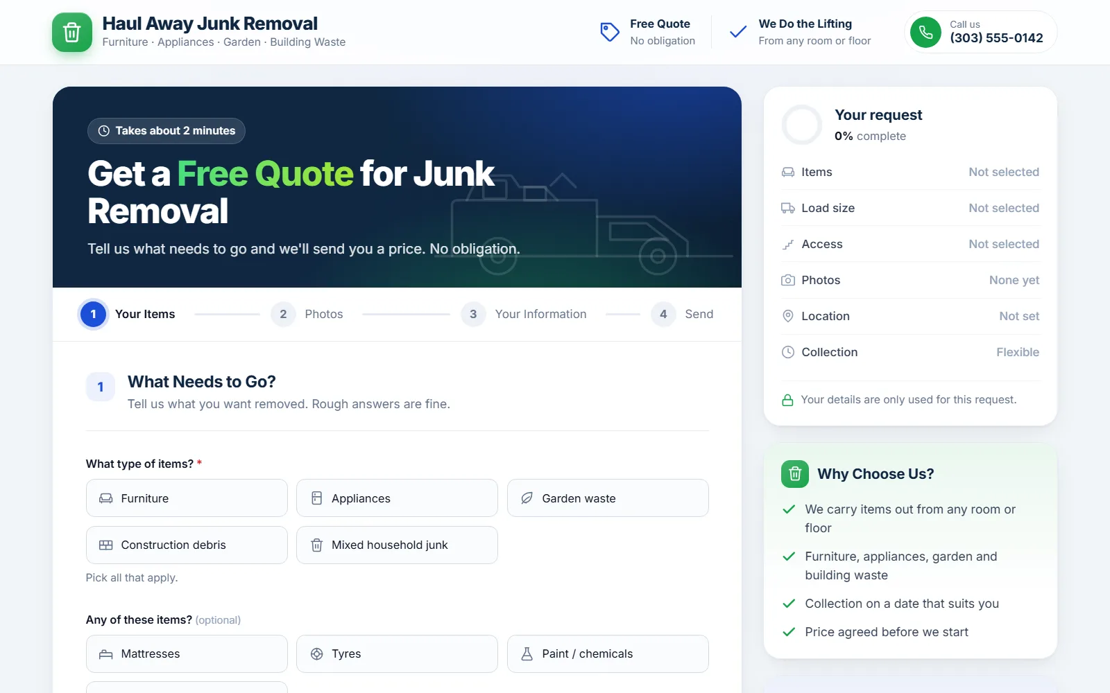 The junk removal quote form made with Quotelatic