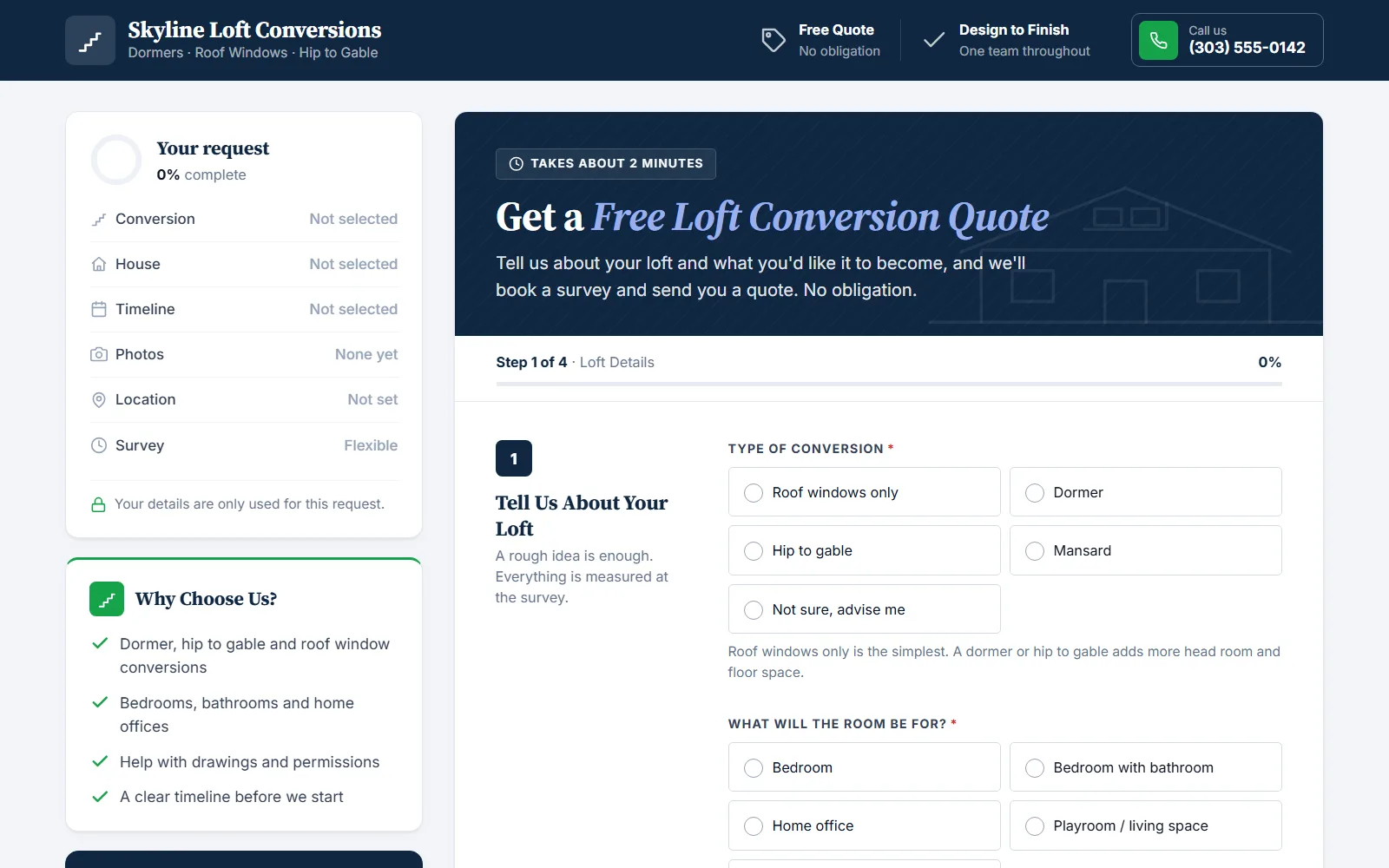 The loft conversion quote form made with Quotelatic