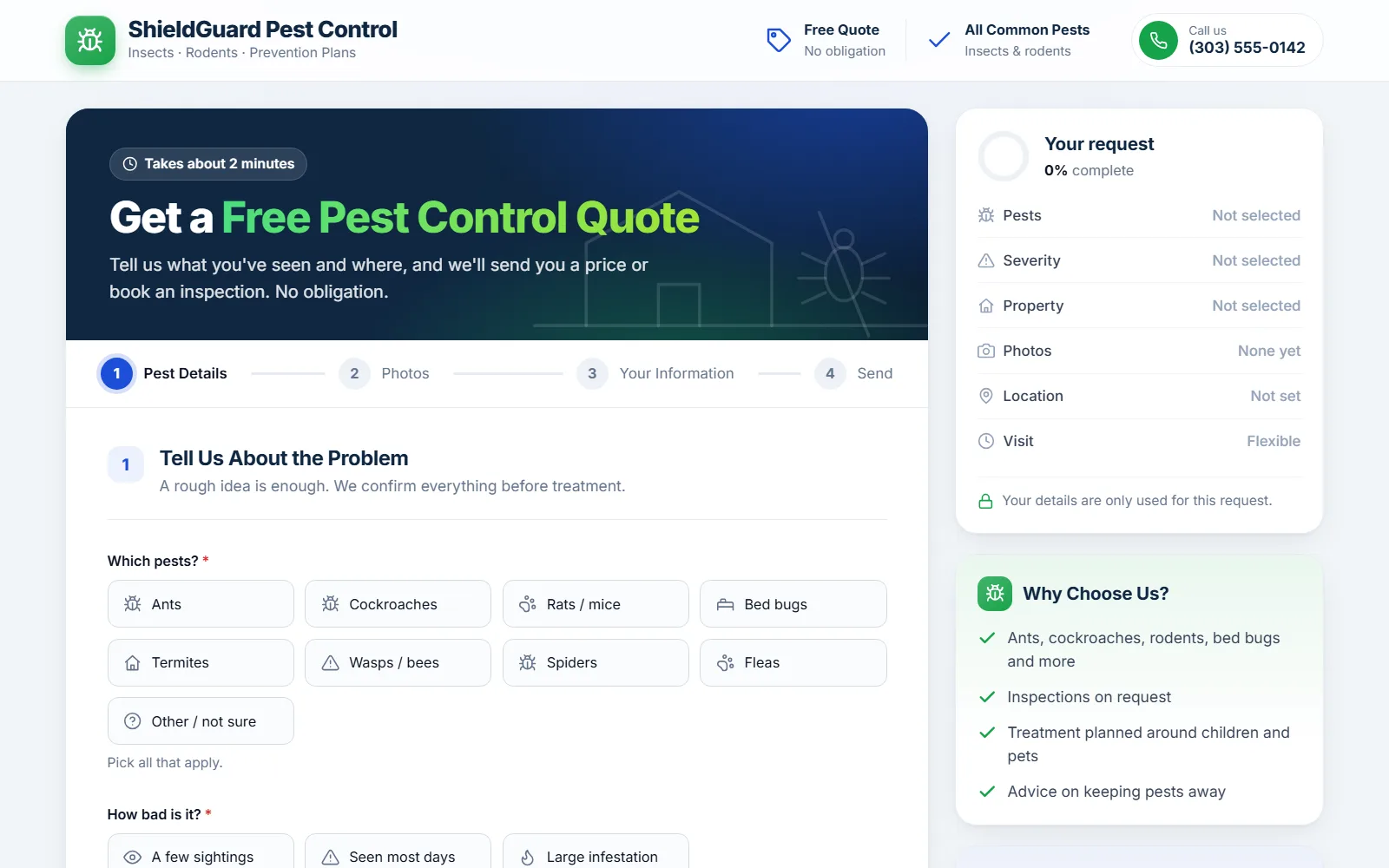The pest control quote form made with Quotelatic
