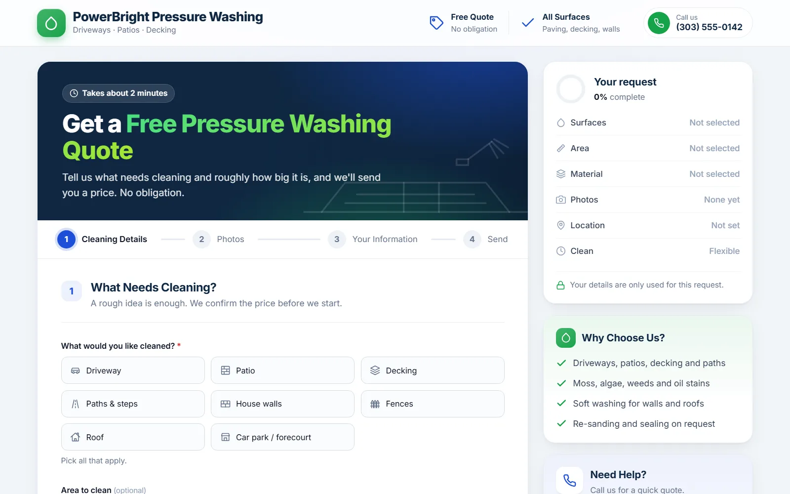 The pressure washing quote form made with Quotelatic