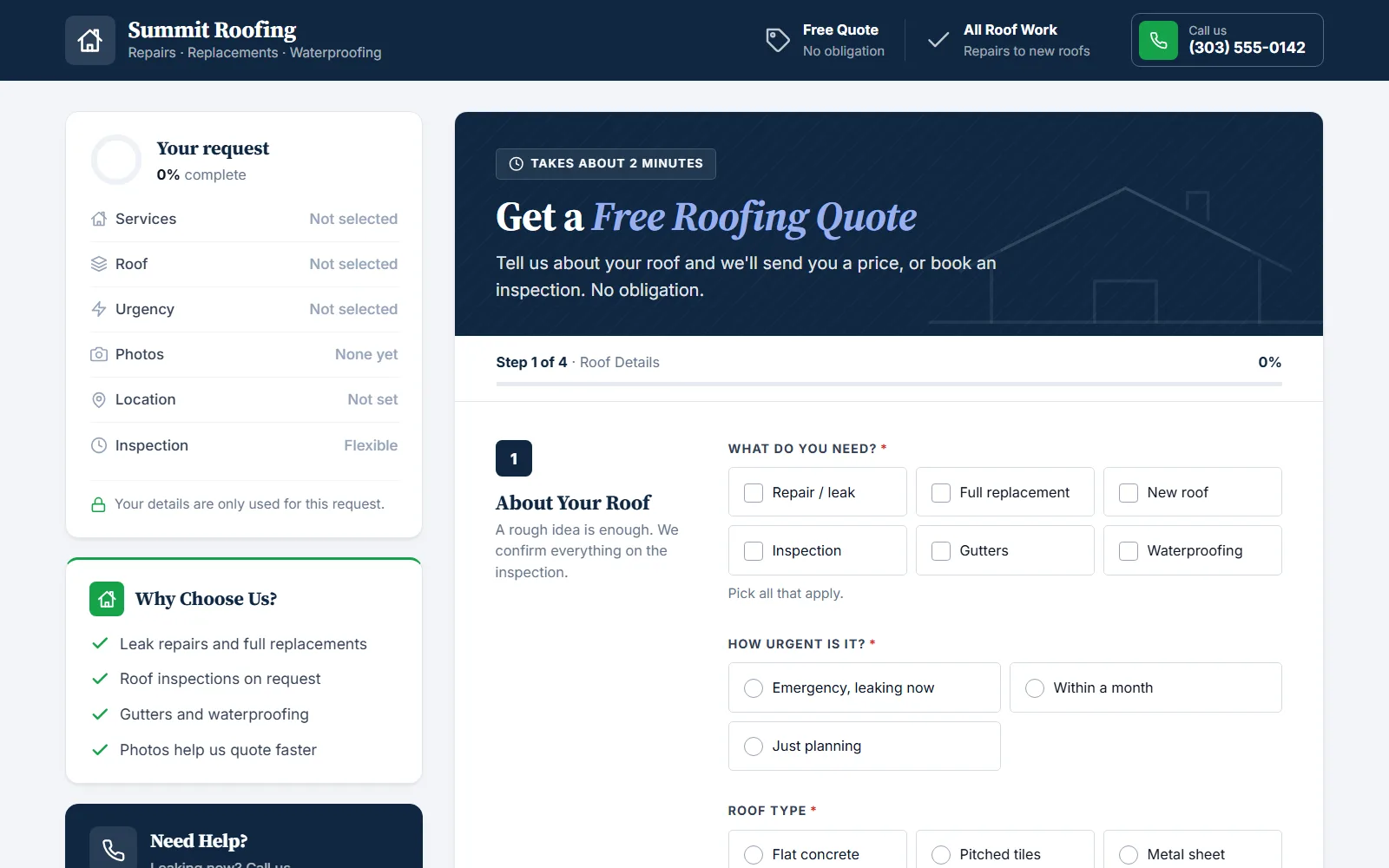 The roofing quote form made with Quotelatic