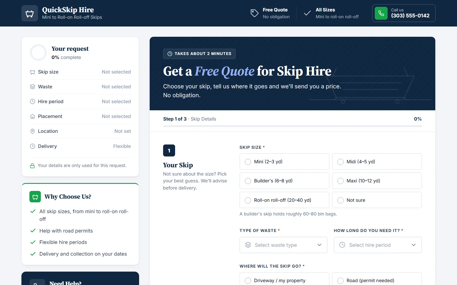 The skip hire quote form made with Quotelatic