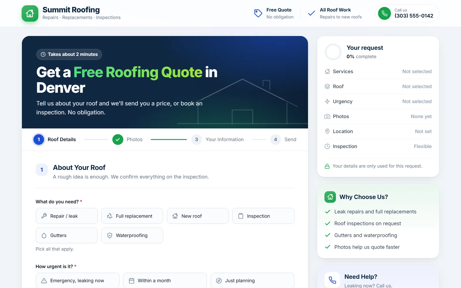The quote form for a roofing business