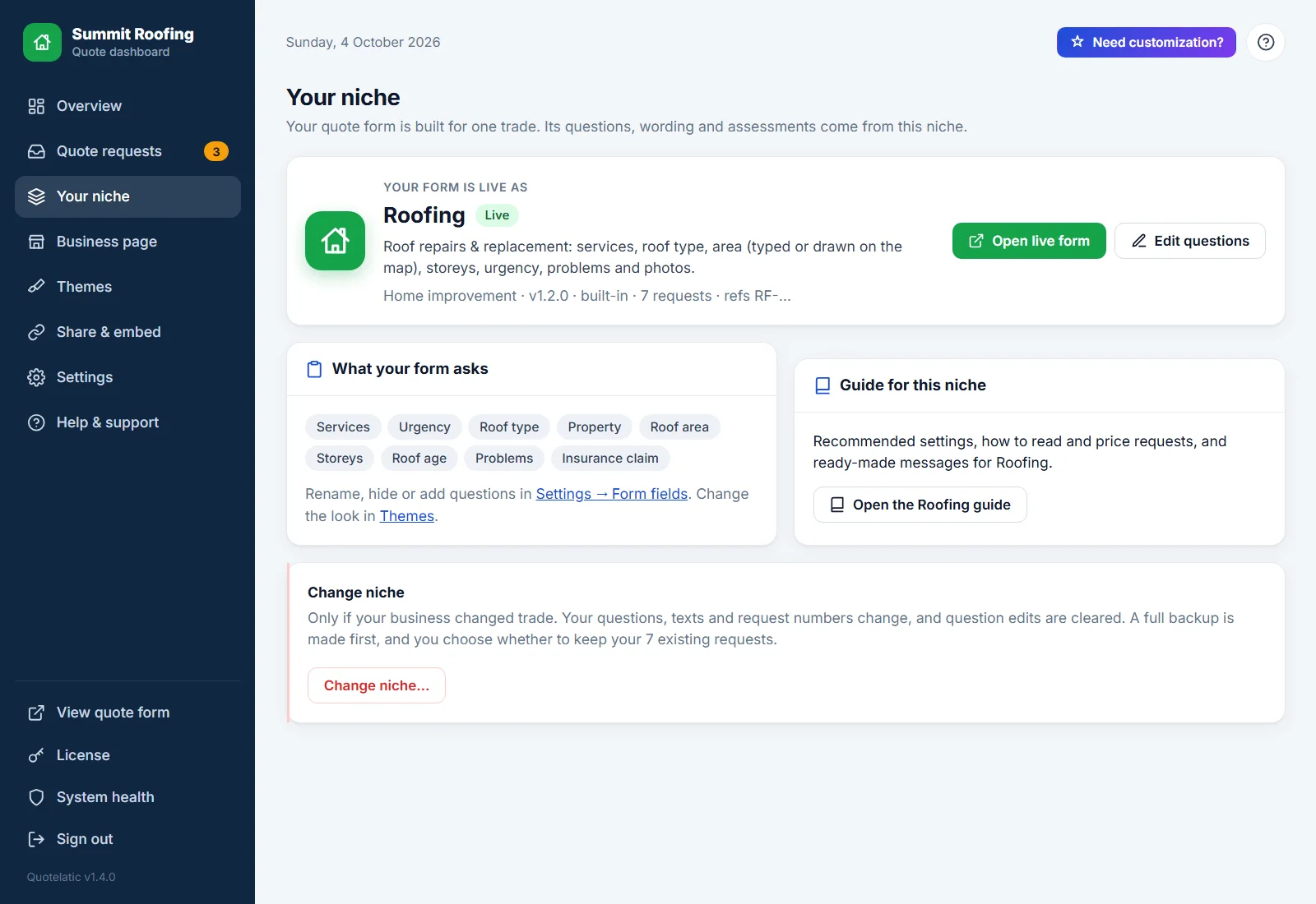 Your niche page in the dashboard