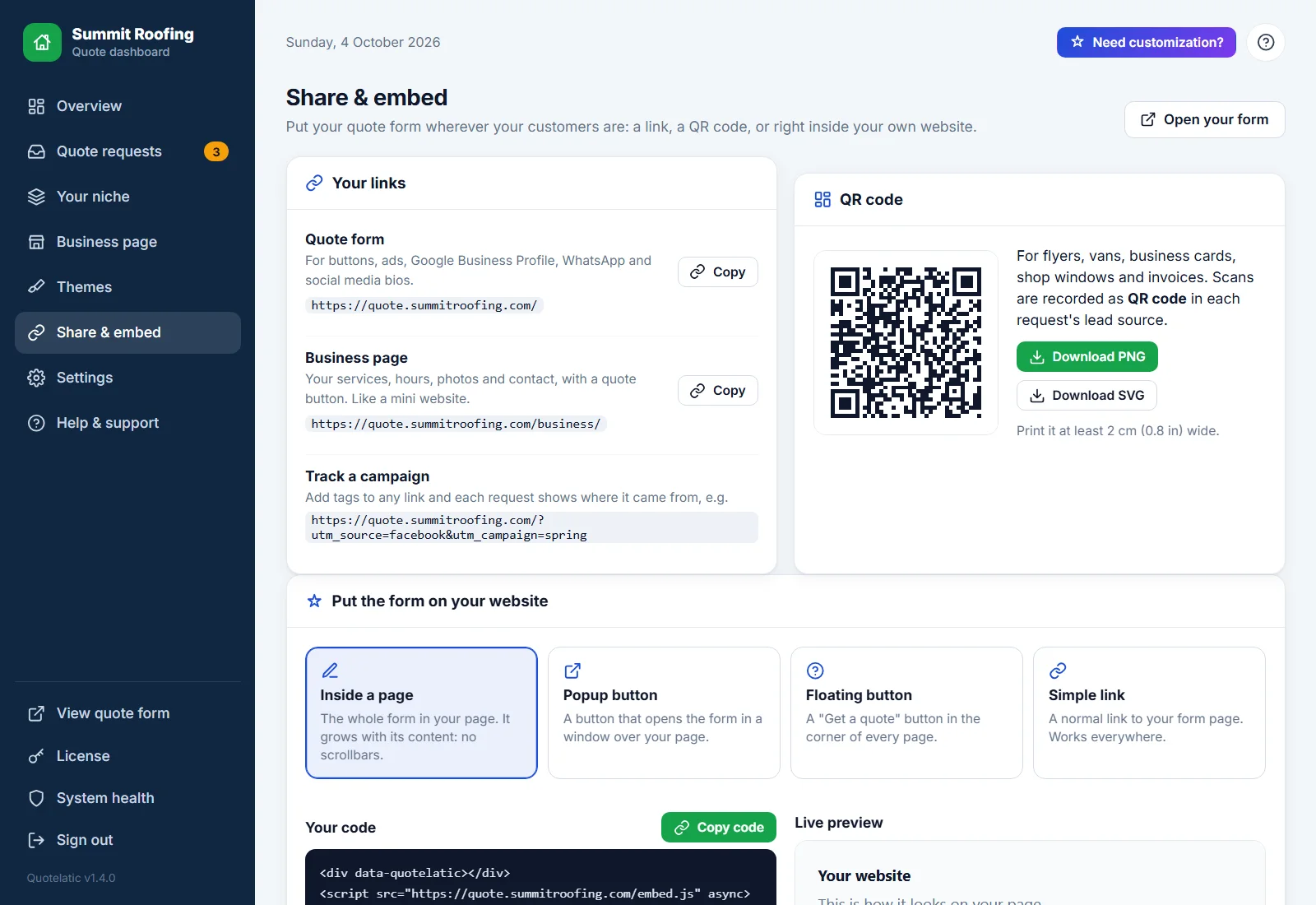 The Share and embed page with a live preview